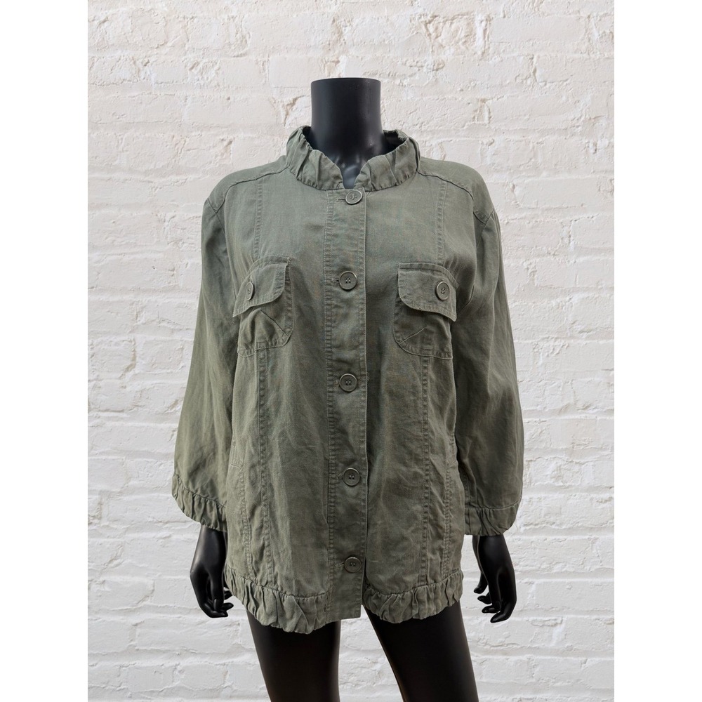 Chico's Linen Utility Jacket Olive Green Ruffle Hem Boho Large‎ XL